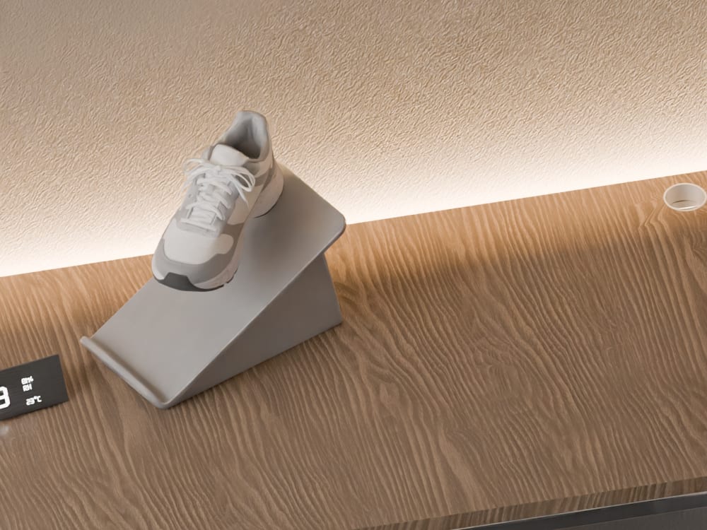 GenManip final placement for E13, Sneaker on display stand.