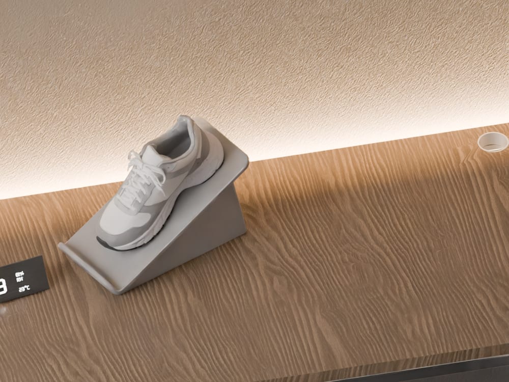 VoxProg final placement for E13, Sneaker on display stand.